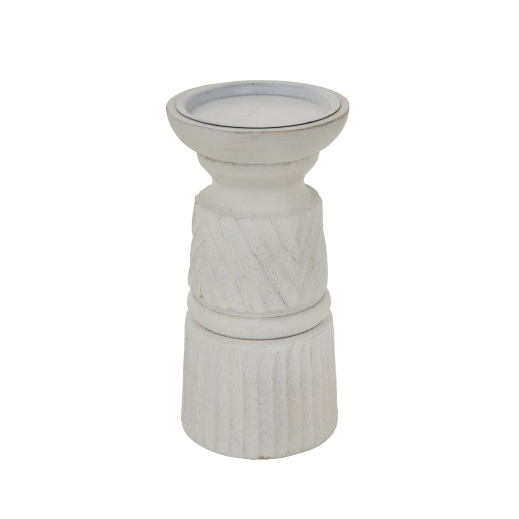 White Carved Candle Holder — detail close-up white wood