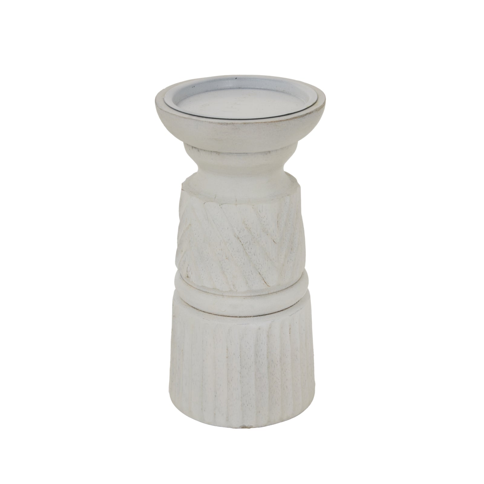 White Carved Candle Holder — detail close-up white wood