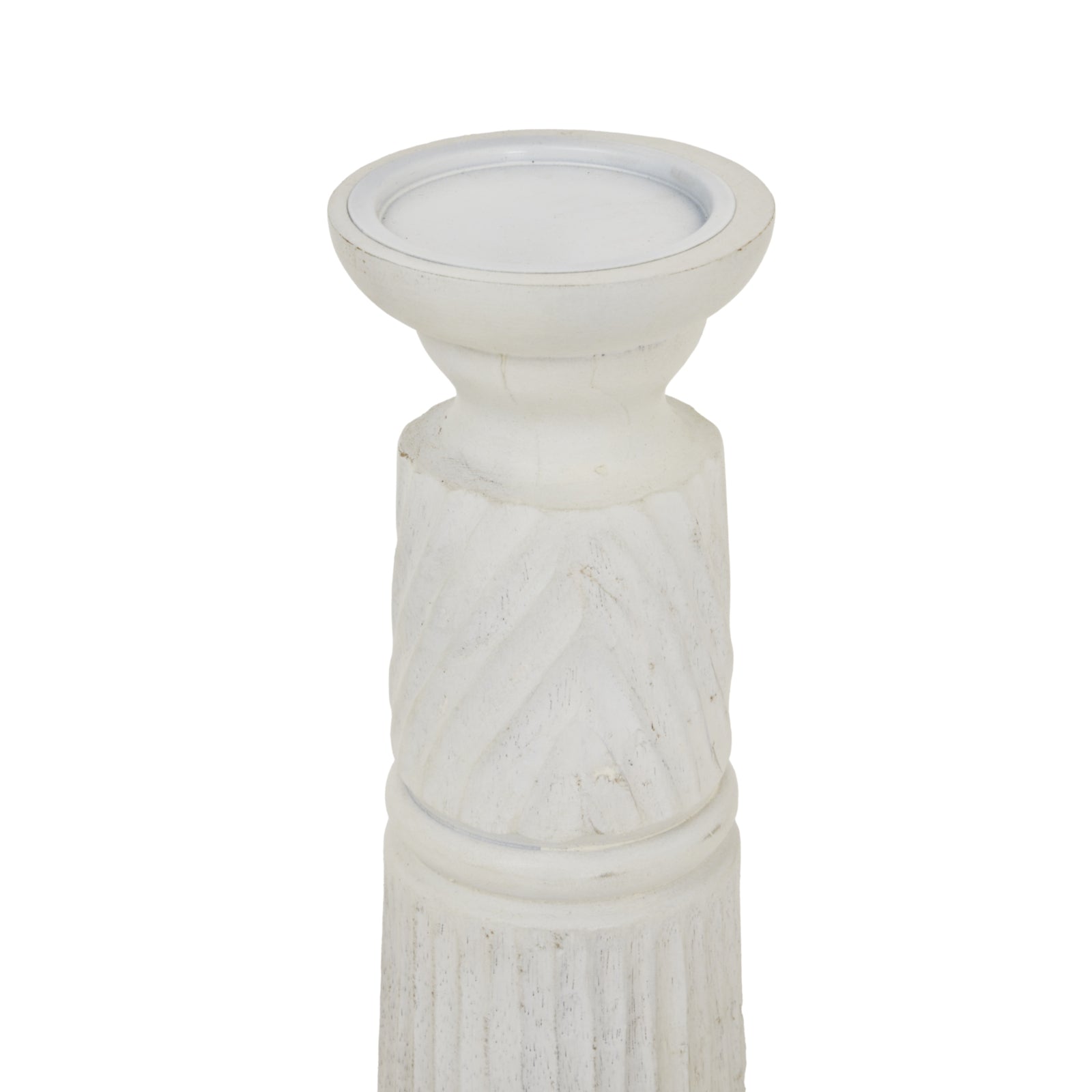 Medium White Carved Candle Holder — side view white wood