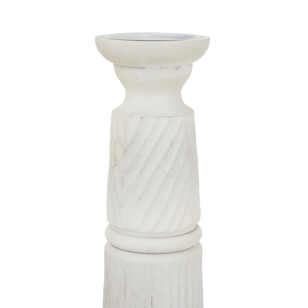Large White Carved Candle Holder — side view white wood