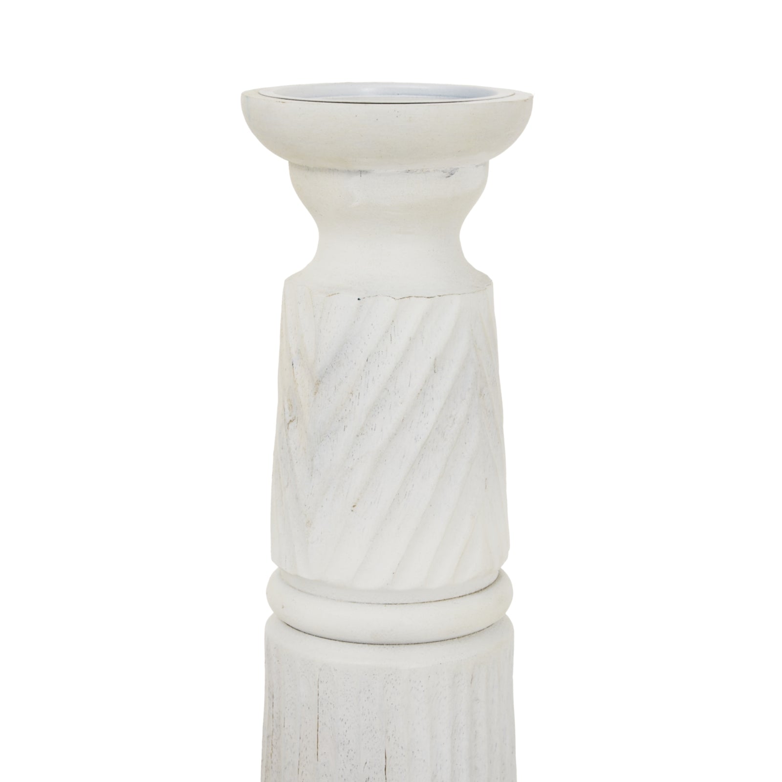 Large White Carved Candle Holder — side view white wood