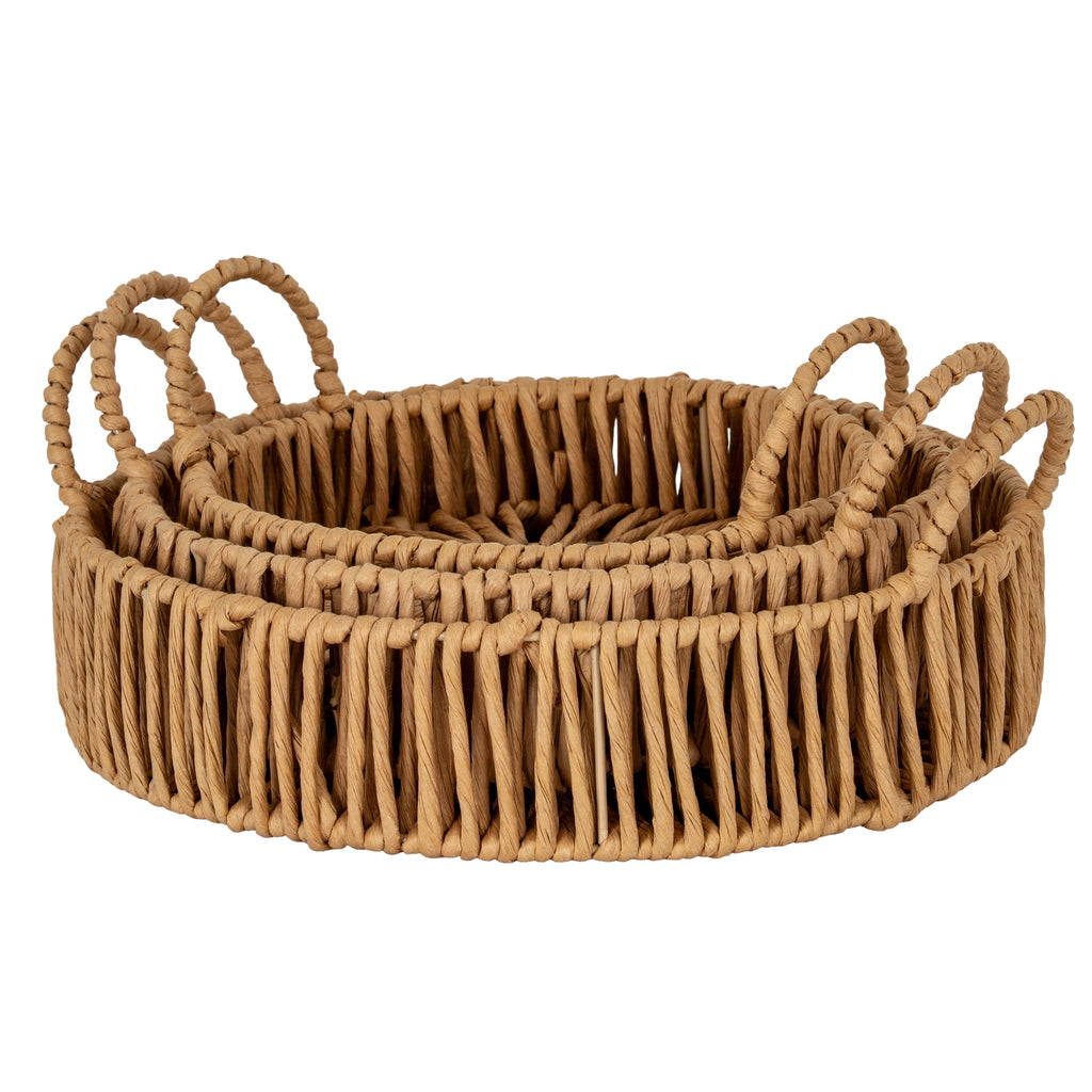 Large Loop Handle Set of 3 Round Trays — side view brown wicker