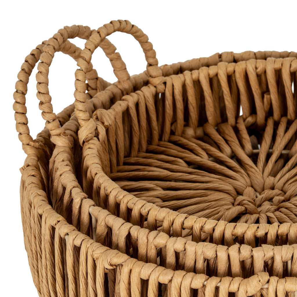 Large Loop Handle Set of 3 Round Trays — detail close-up brown wicker