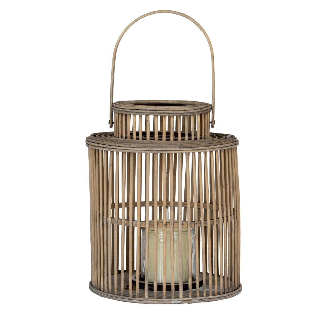 Cylinder Wicker Lantern With Glass Holder — side view brown wicker