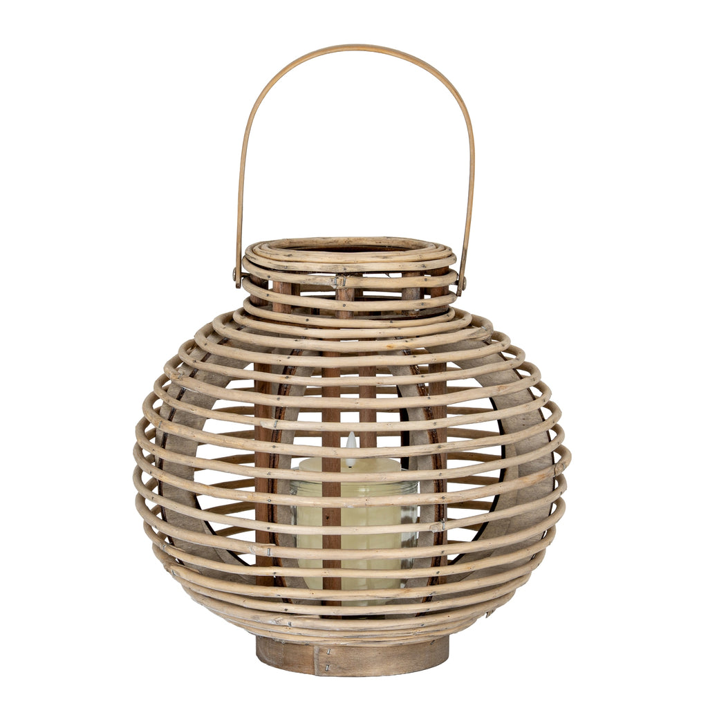 Large Round Willow Lantern With Glass Holder — side view brown wicker