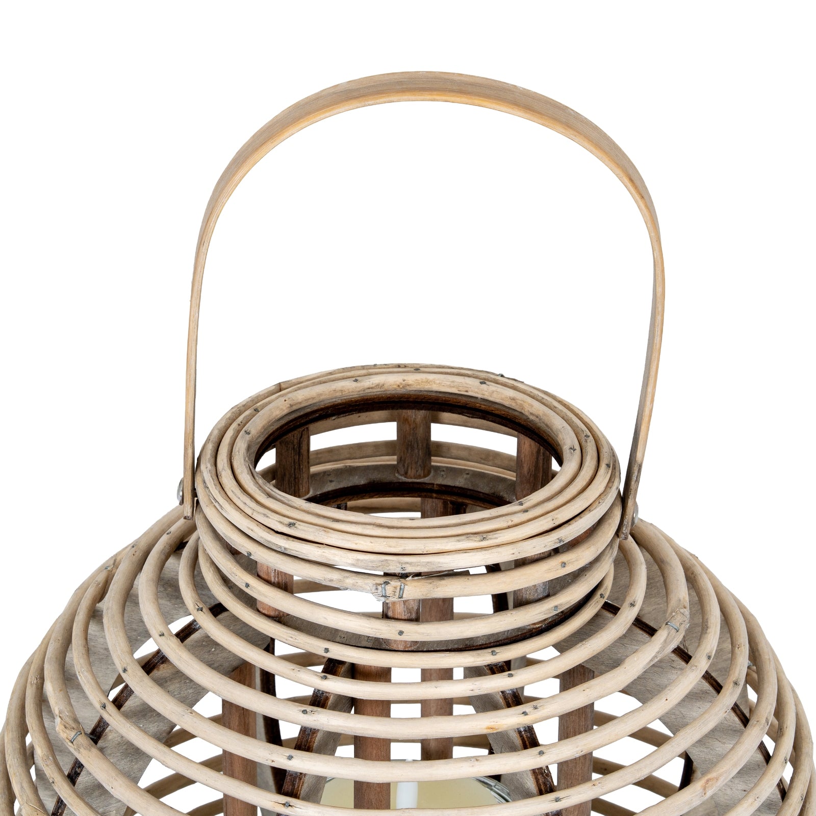 Large Round Willow Lantern With Glass Holder — detail close-up brown wicker