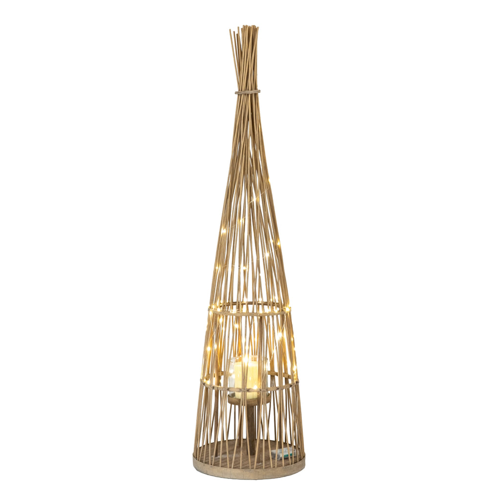 Large Conical Wicker Lantern With Glass Holder & LED Lights — side view brown wicker