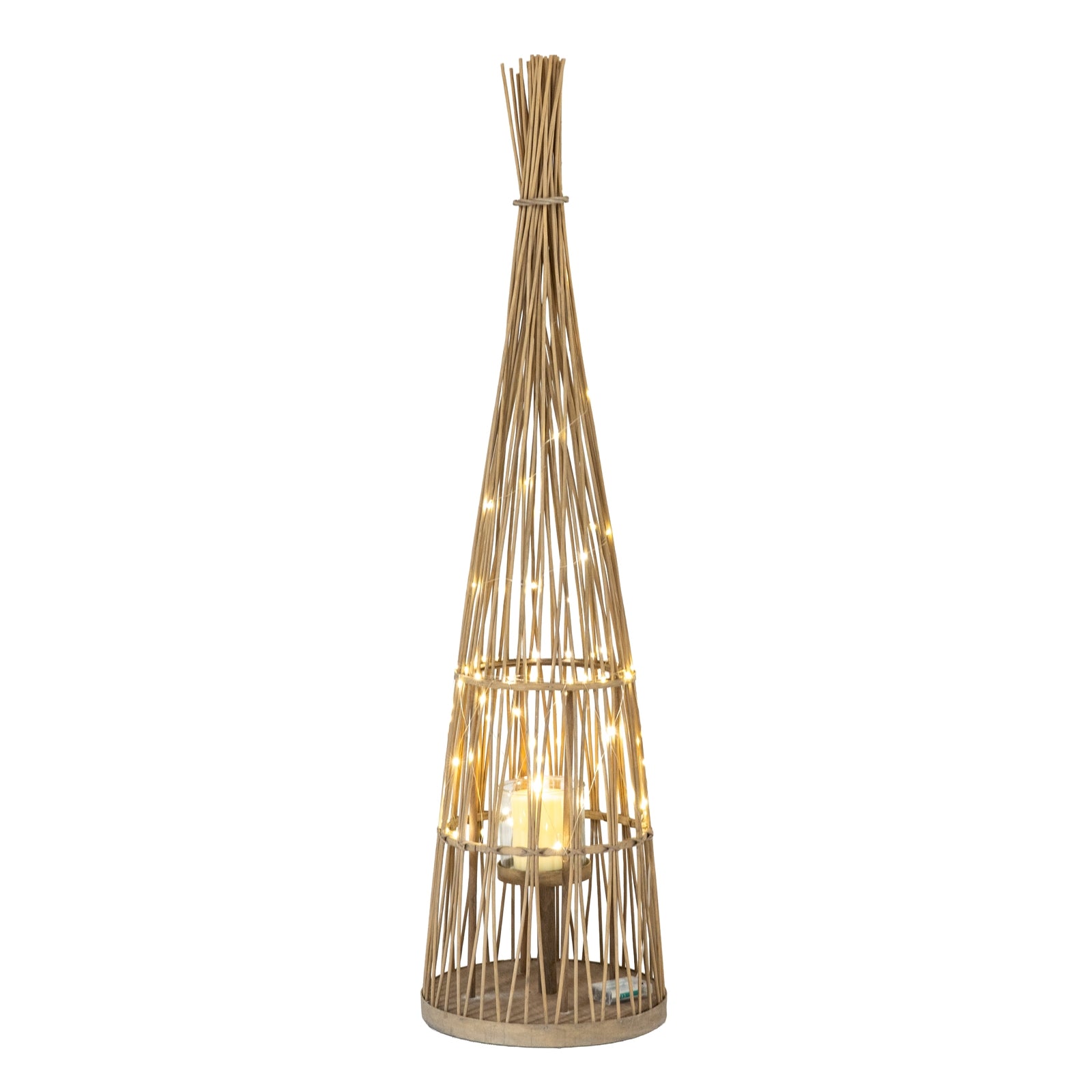 Large Conical Wicker Lantern With Glass Holder & LED Lights — side view brown wicker