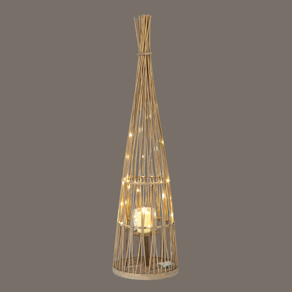 Large Conical Wicker Lantern With Glass Holder & LED Lights — alternative angle brown wicker