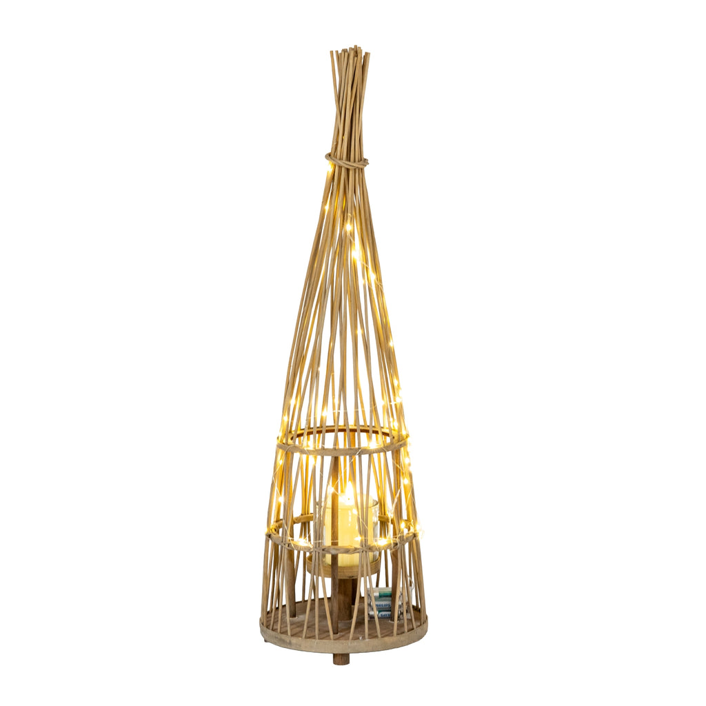 Medium Conical Wicker Lantern With Glass Holder & LED Lights — side view brown wicker