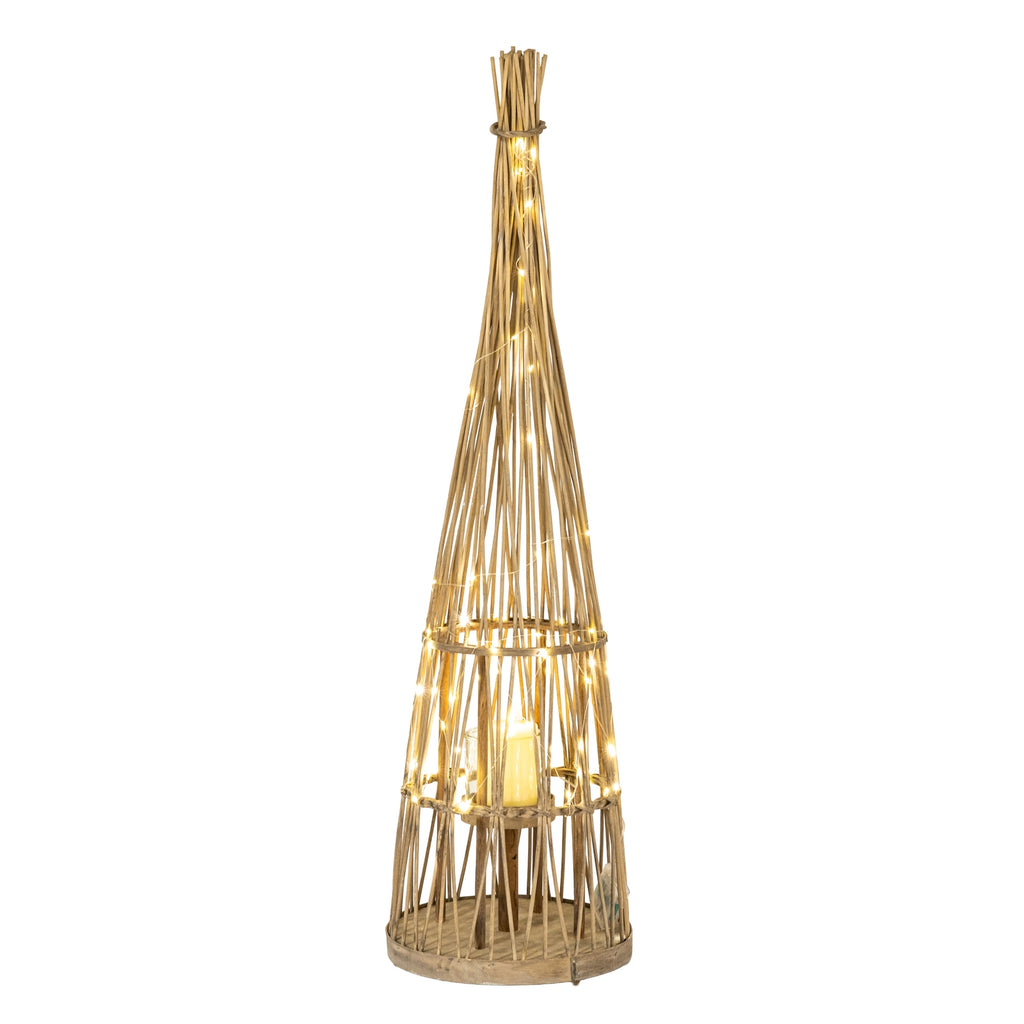 Small Conical Wicker Lantern With Glass Holder & LED Lights — side view brown wicker
