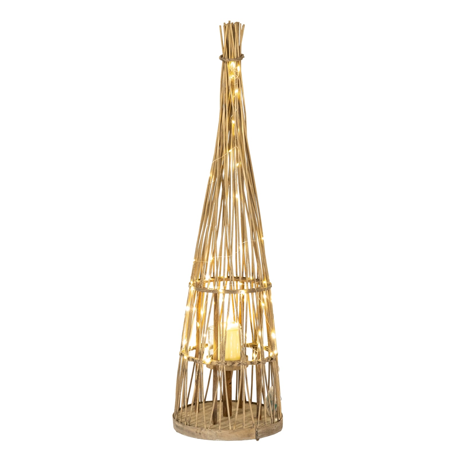 Small Conical Wicker Lantern With Glass Holder & LED Lights — side view brown wicker