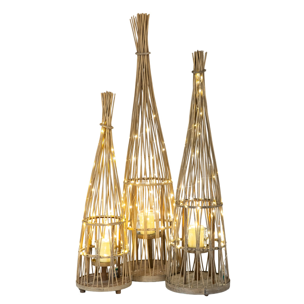 Small Conical Wicker Lantern With Glass Holder & LED Lights — detail close-up brown wicker