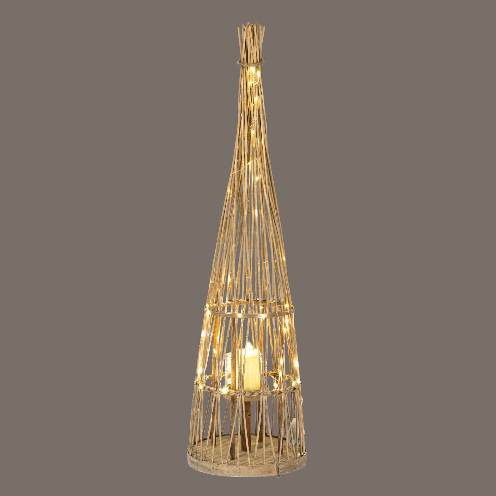Small Conical Wicker Lantern With Glass Holder & LED Lights — alternative angle brown wicker