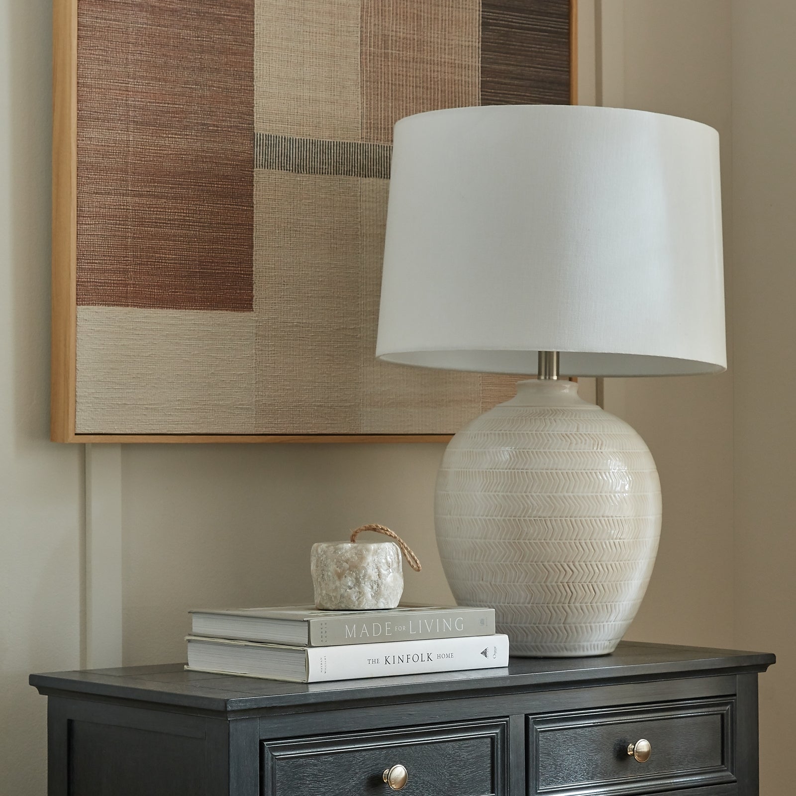 Chevronne Ceramic Table Lamp With Linen Shade — side view white ceramic