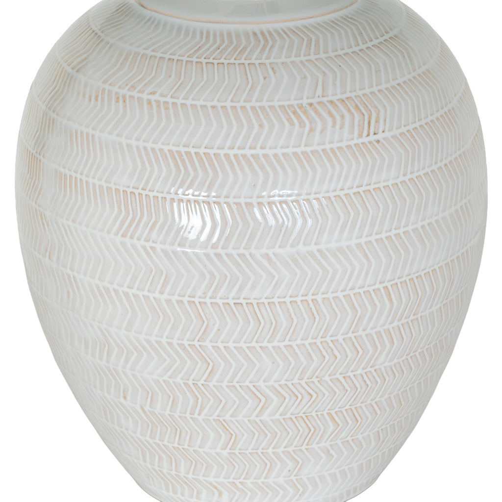 Chevronne Ceramic Table Lamp With Linen Shade — detail close-up white ceramic