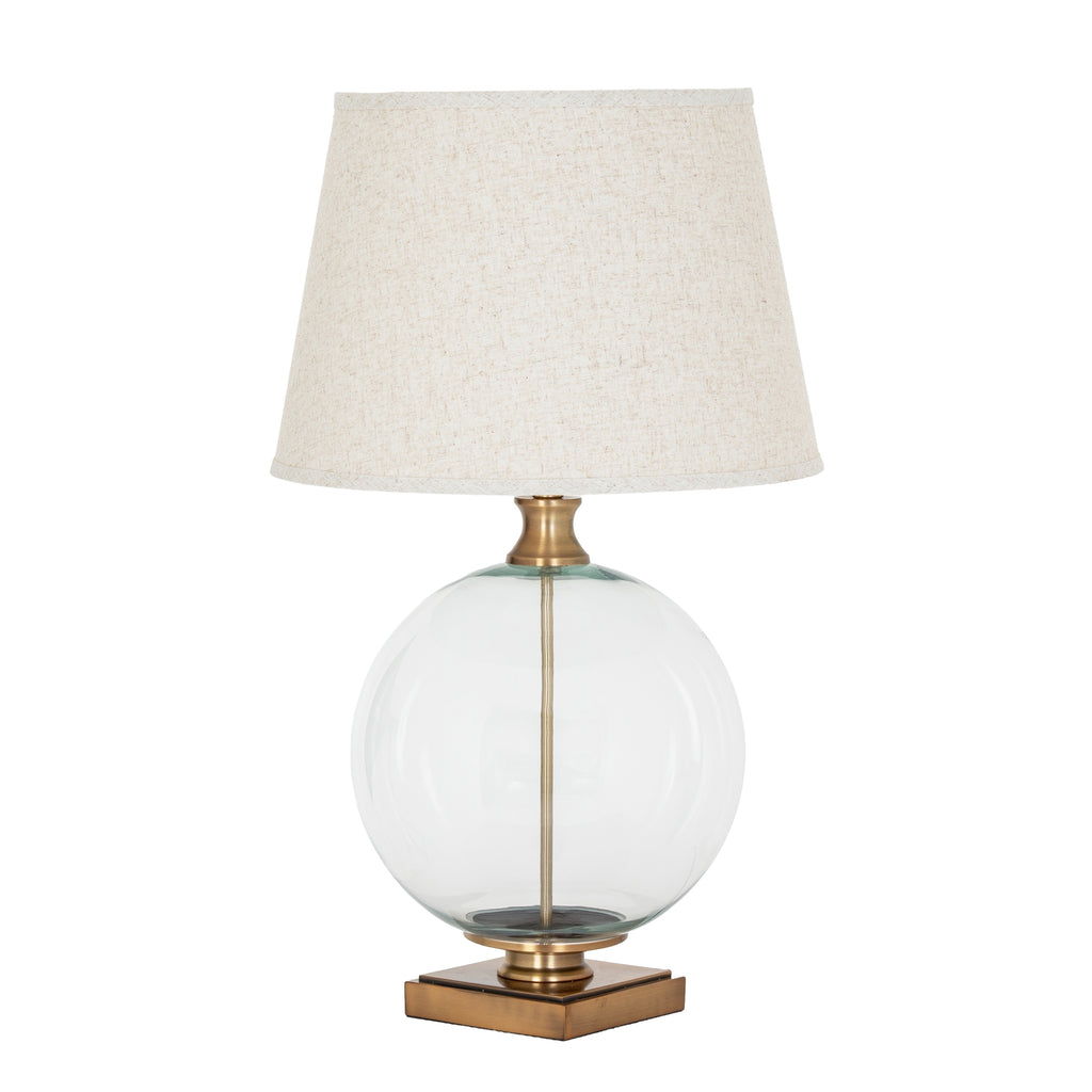 Lunel Glass Orb Table Lamp With Edged Linen Shade — side view brass glass