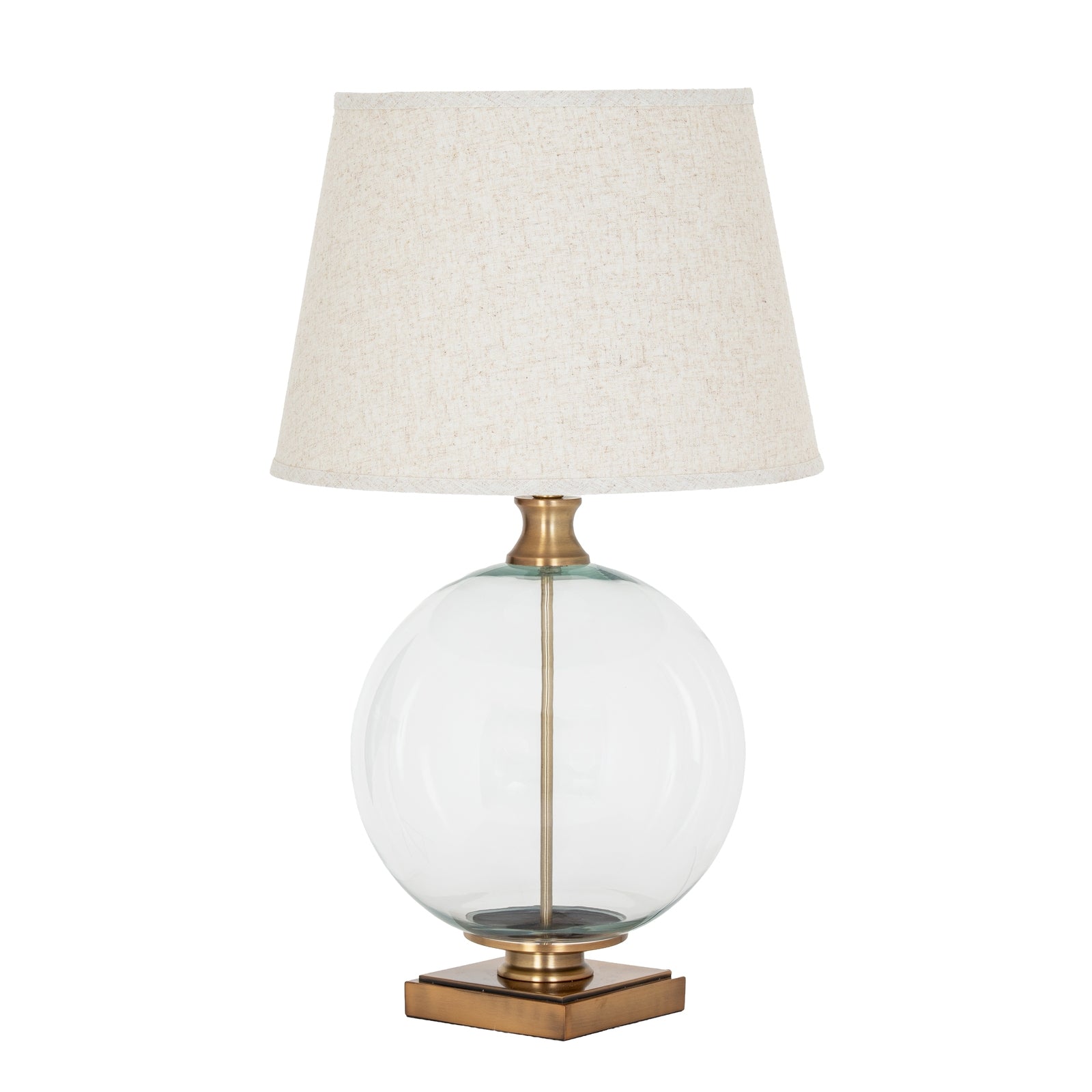 Lunel Glass Orb Table Lamp With Edged Linen Shade — side view brass glass