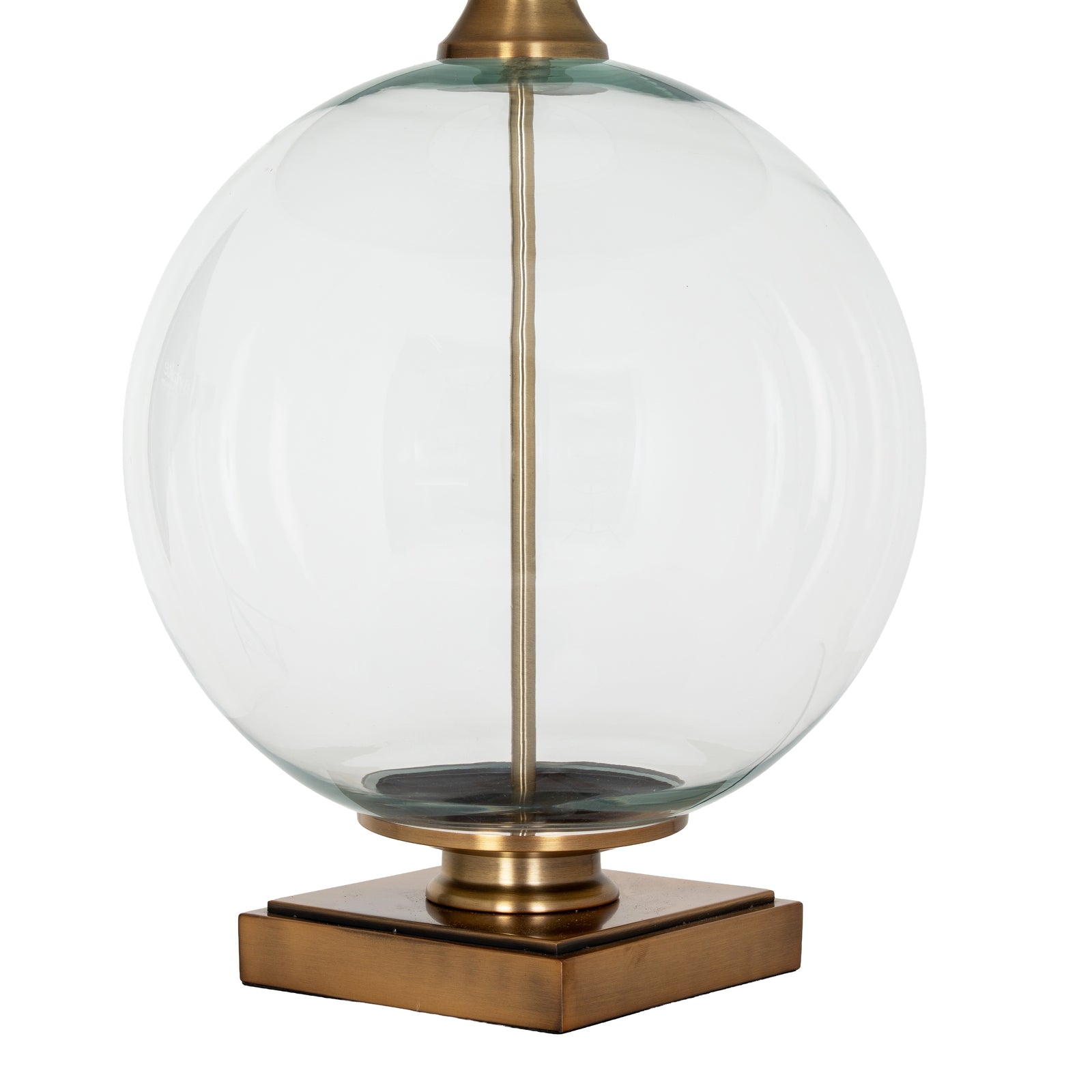Lunel Glass Orb Table Lamp With Edged Linen Shade — detail close-up brass glass