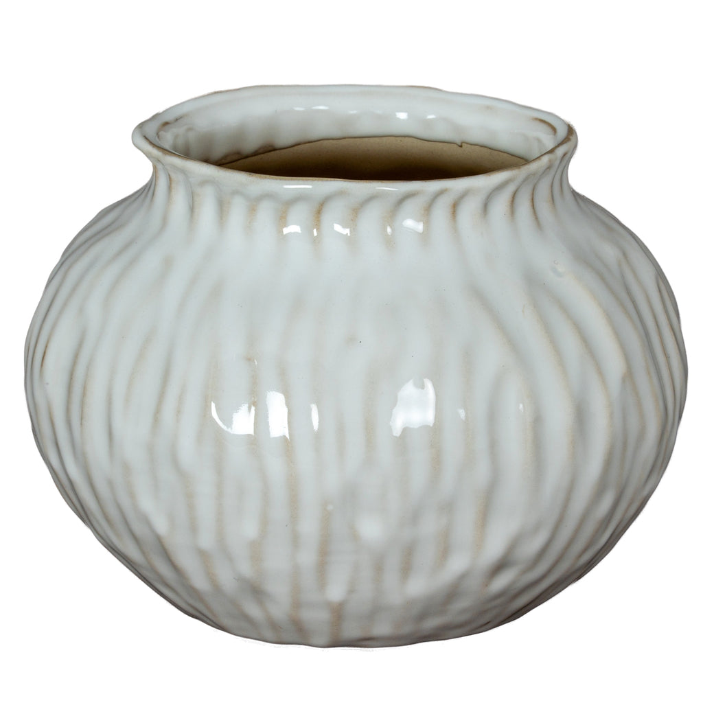 Numa Squat Vase in white ribbed glazed ceramic, 13cm tall: included with The Remembrance Posy when you choose With vase