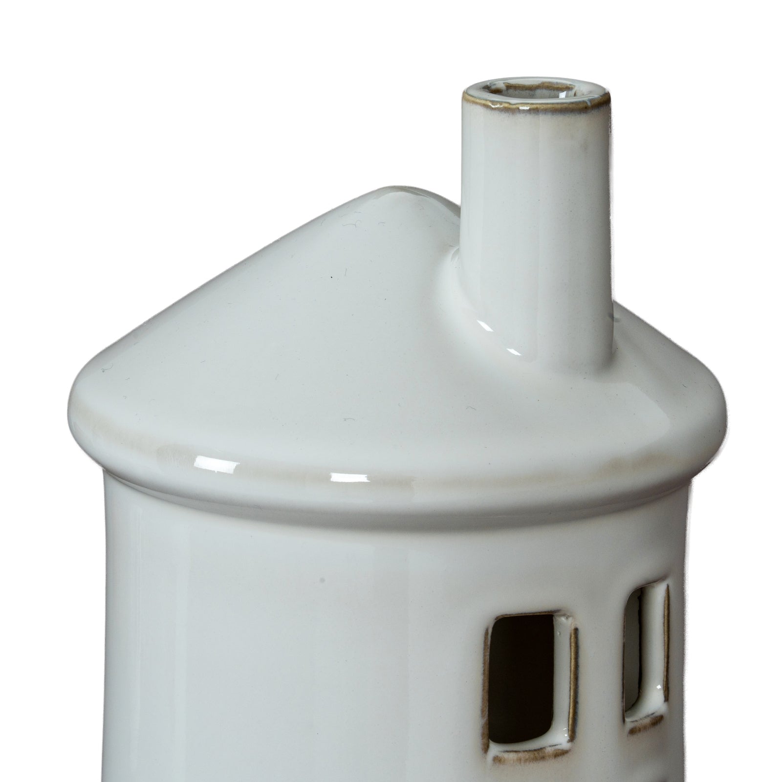 Rhea Large Lighthouse Tealight Holder — detail close-up white ceramic