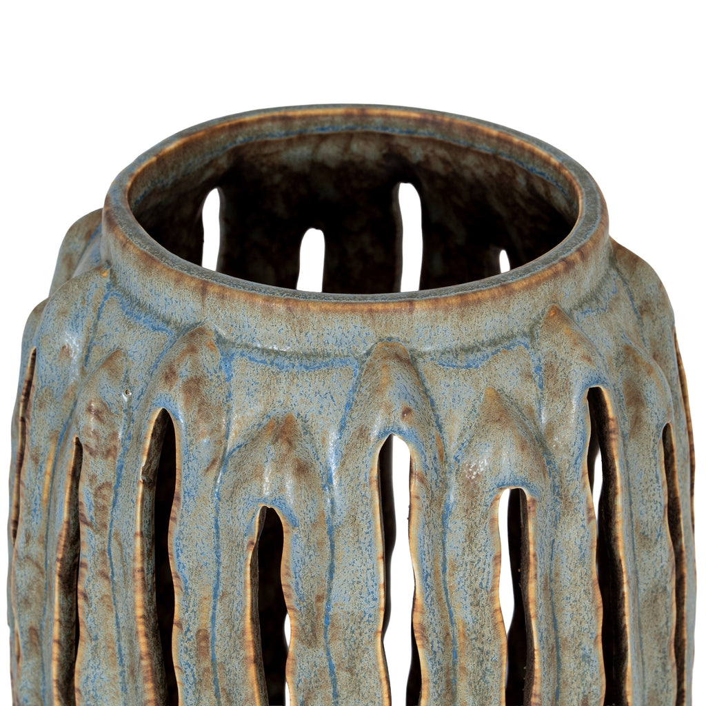 Capella Tall Lantern Candle Holder — side view grey ceramic