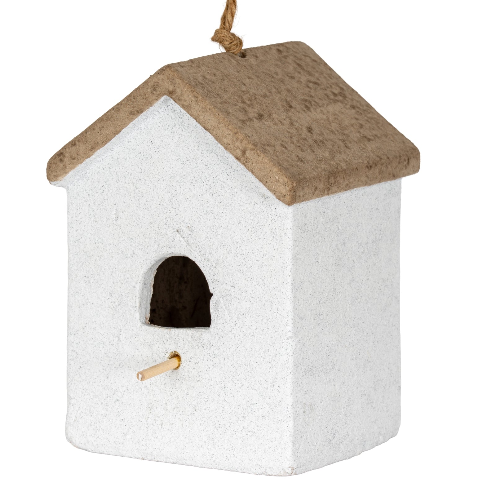 Hanging Bird House — side view brown ceramic