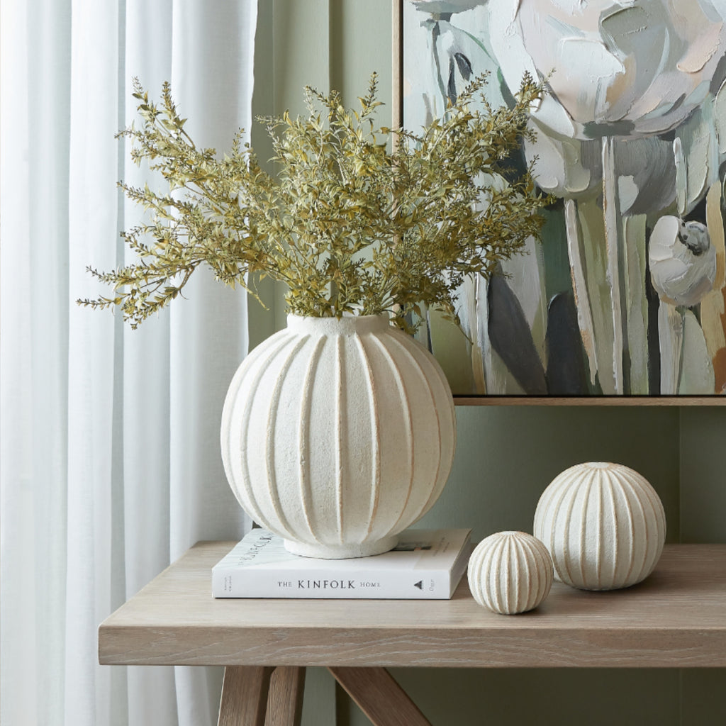 Grove Globe Vase, white ribbed ceramic, 25cm
