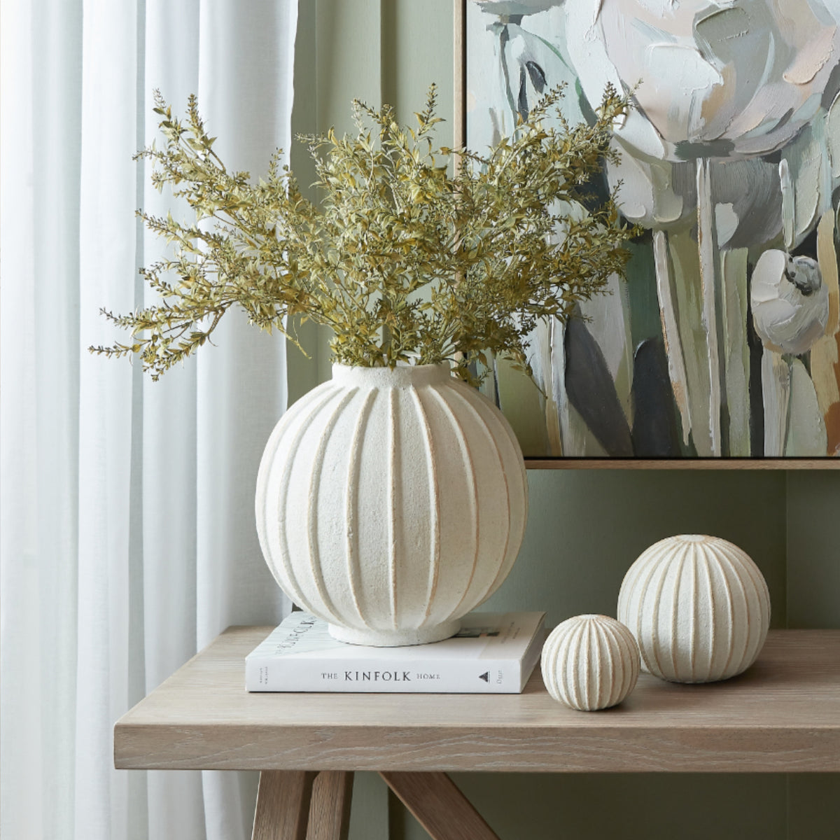 Grove Globe Vase, white ribbed ceramic, 25cm