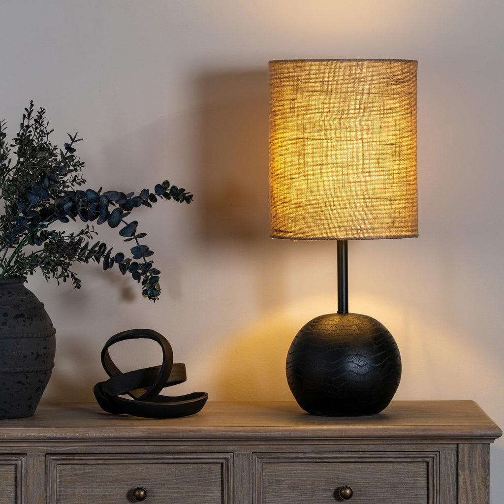 Black Cannon Table Lamp With Hessian Shade — side view black metal