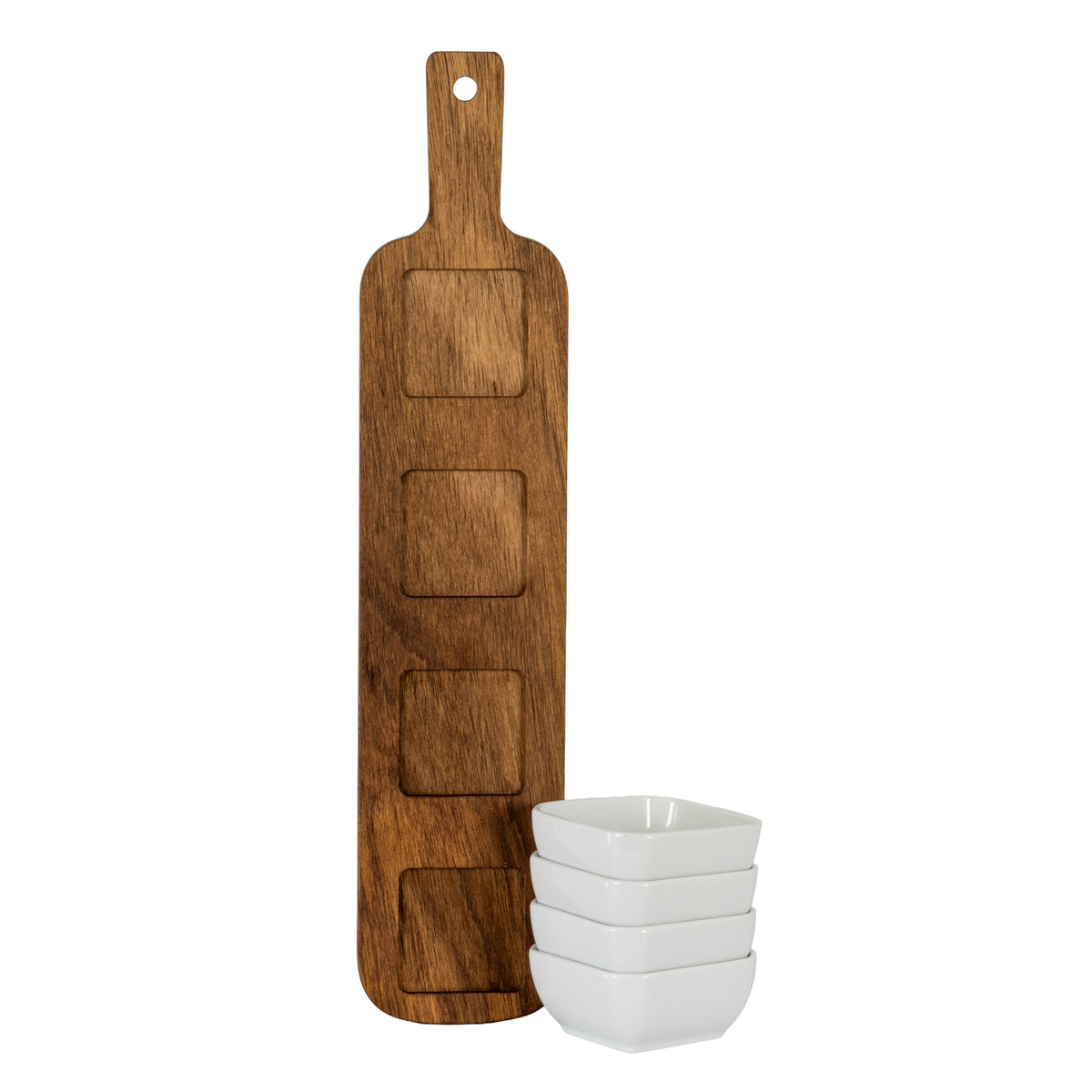 Acacia Serving Board including Four Ceramic Serving Bowls