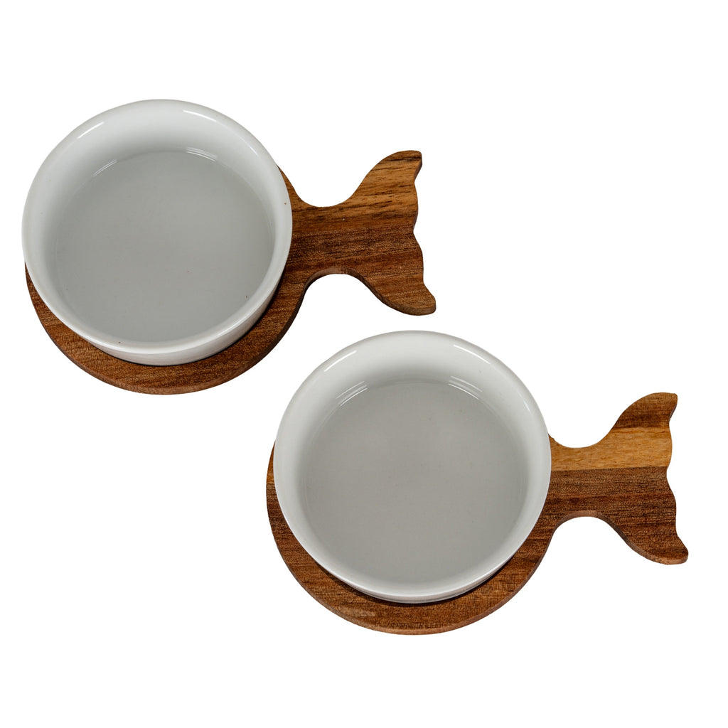 Set Of 2 Acacia Fishtail Serving Trays with Ceramic Bowls