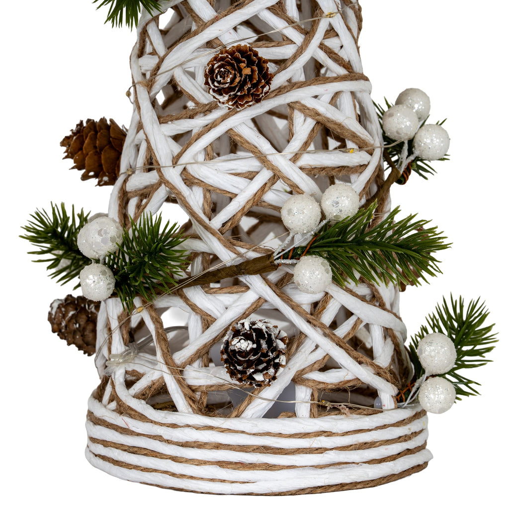 Large LED White Rattan Cone Tree With Winter Branches, alternative angle