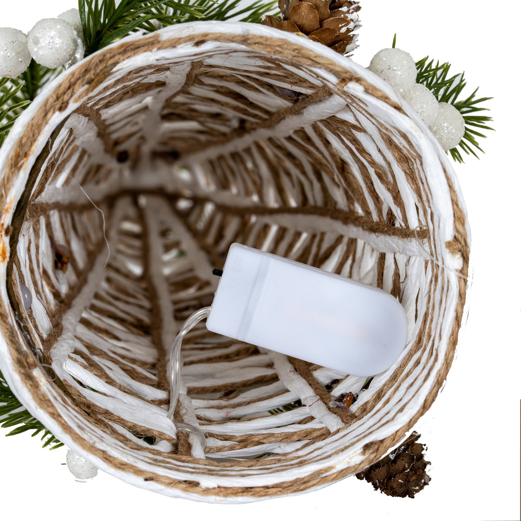 Large LED White Rattan Cone Tree With Winter Branches, detail close-up