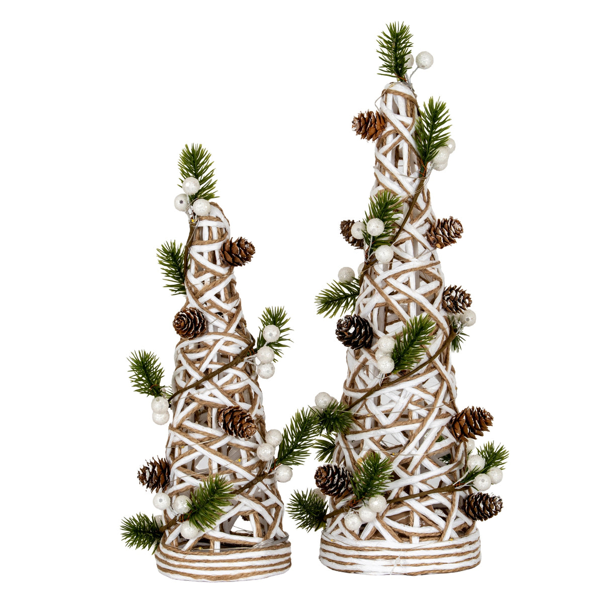 Large LED White Rattan Cone Tree With Winter Branches, side view