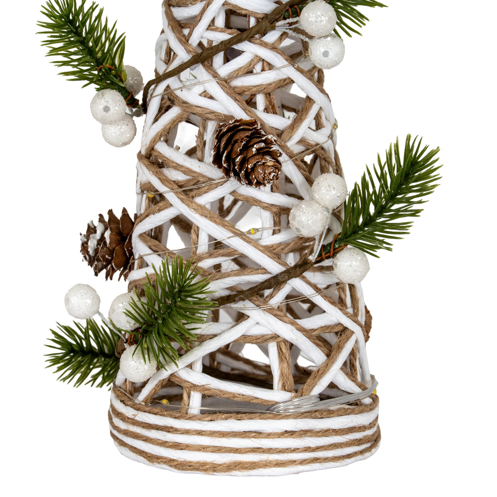 Small LED White Rattan Cone Tree With Winter Branches, alternative angle