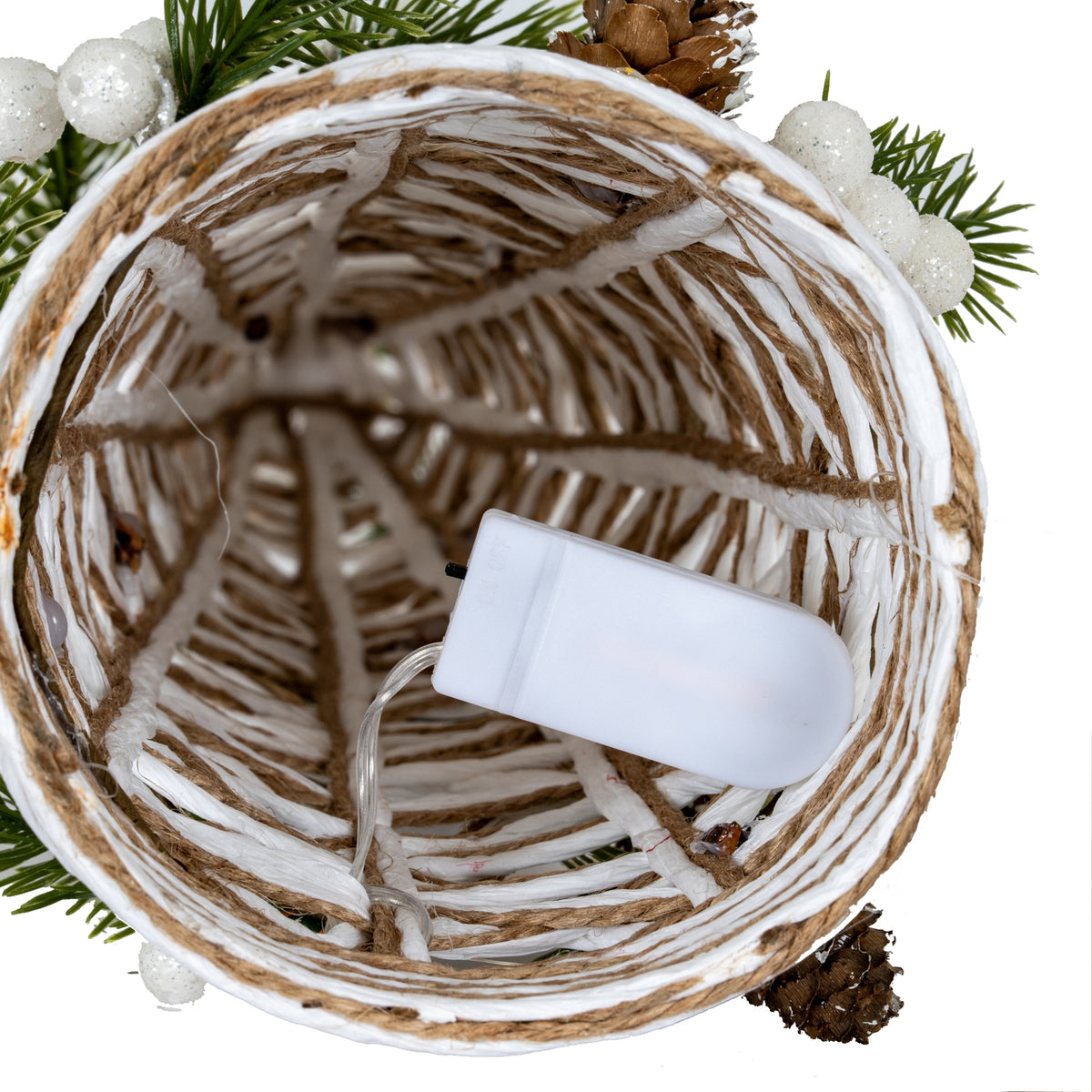 Small LED White Rattan Cone Tree With Winter Branches, detail close-up