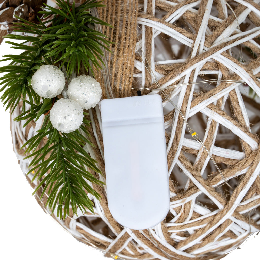Small LED White Rattan Bauble With Branches And Ribbon, detail close-up