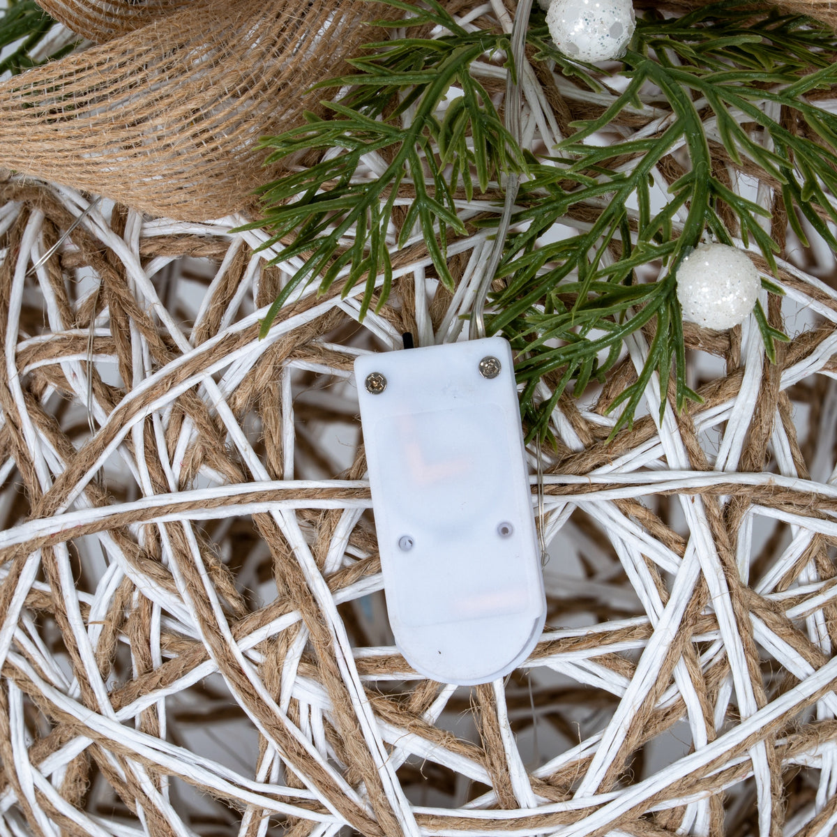Large LED White Rattan Bauble With  Branches And Ribbon, detail close-up