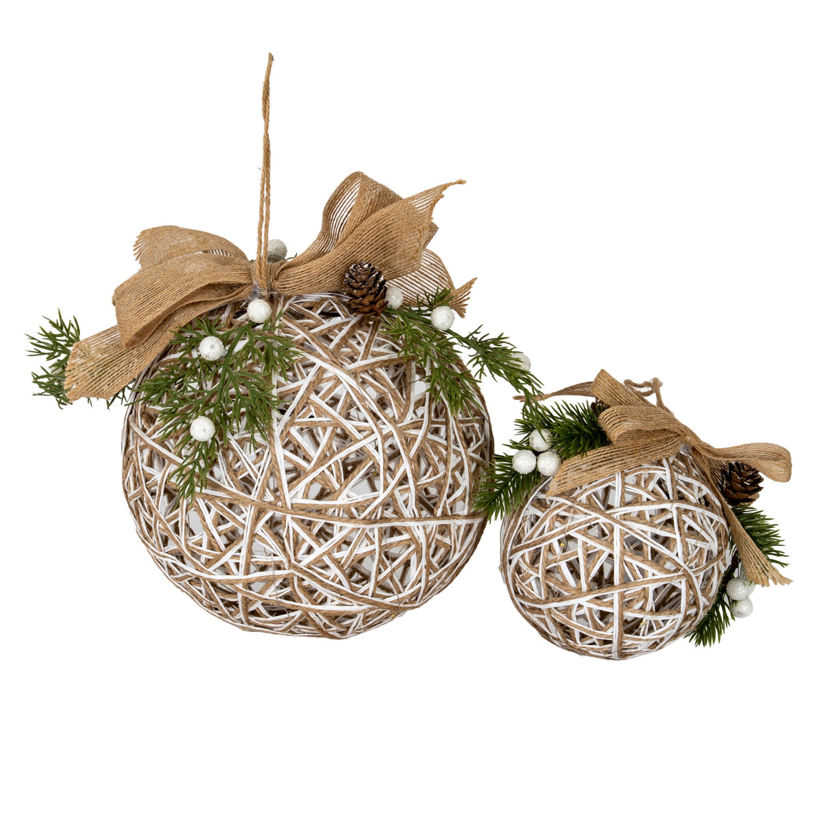 Large LED White Rattan Bauble With  Branches And Ribbon, side view