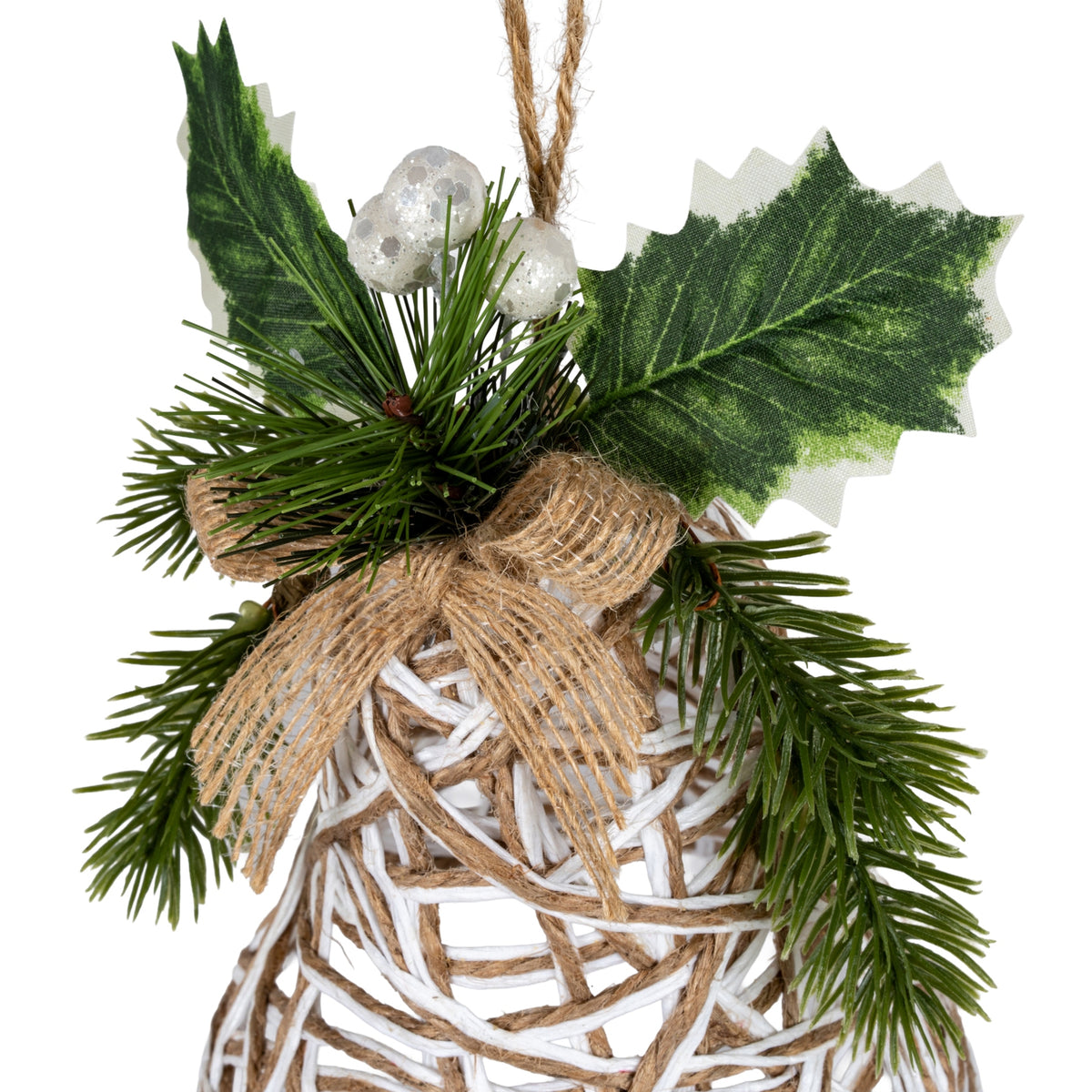 White Rattan Bell Decoration With Branches And Ribbon, alternative angle