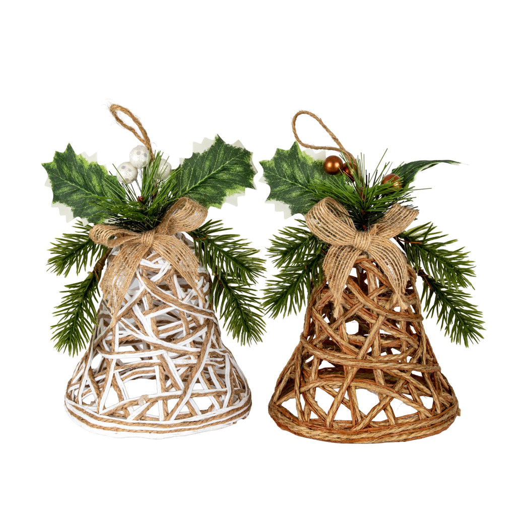 White Rattan Bell Decoration With Branches And Ribbon, detail close-up
