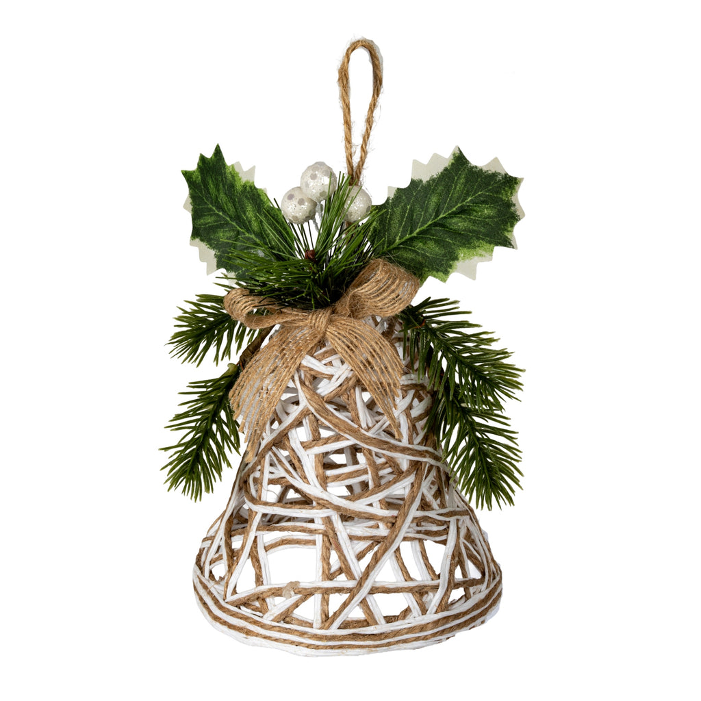White Rattan Bell Decoration With Branches And Ribbon, main product view