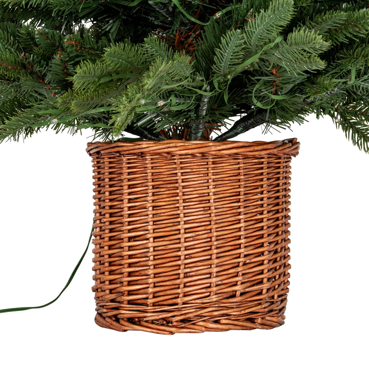 Artificial Norway Fir Pre-Lit 300L Fir Tree in Rattan Pot, detail close-up