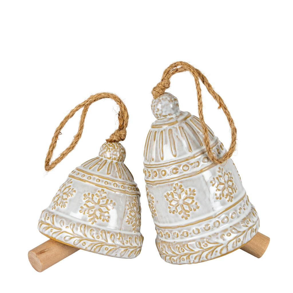 Large Ceramic Bell Tree Ornament With Snowflake Detail, detail close-up