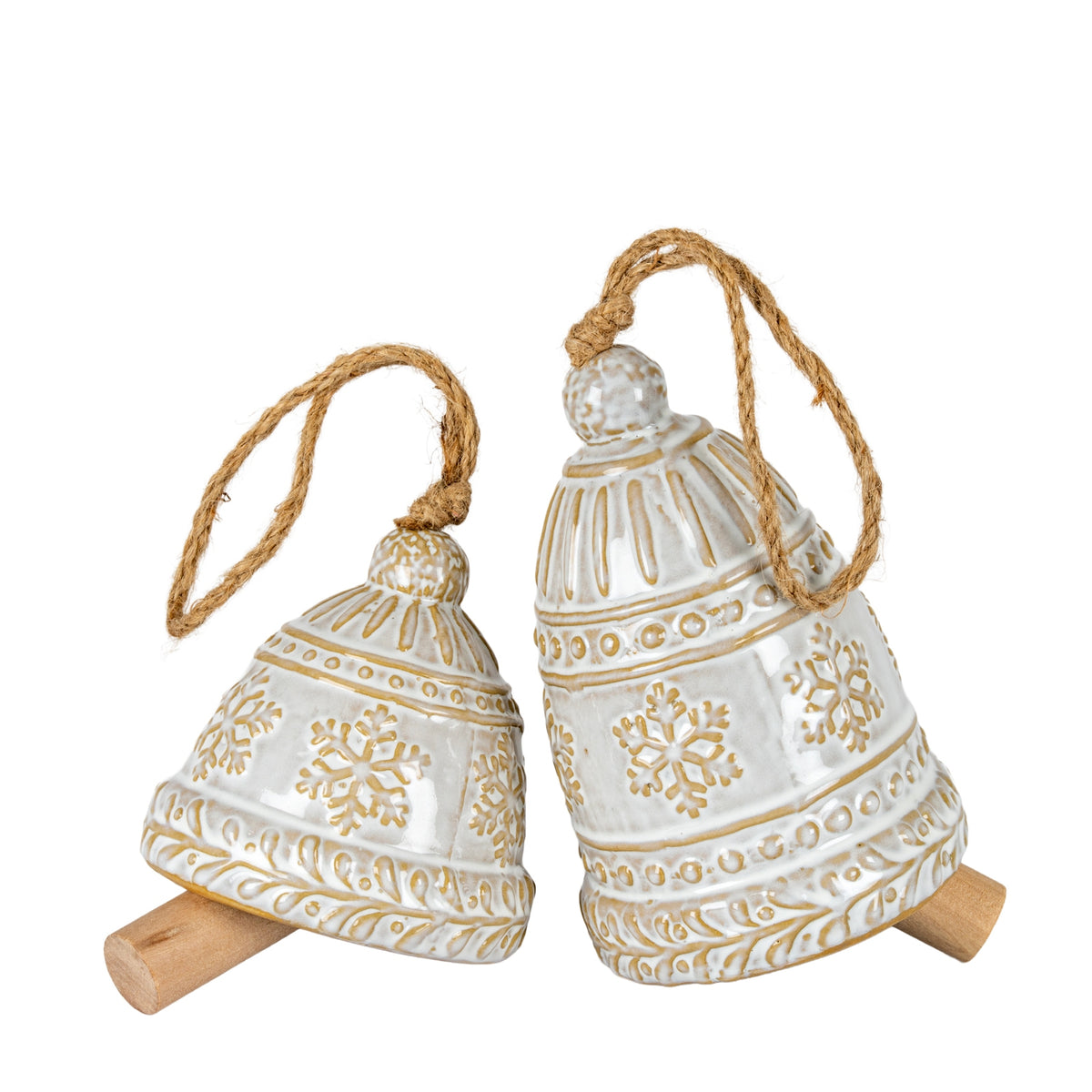Large Ceramic Bell Tree Ornament With Snowflake Detail, detail close-up