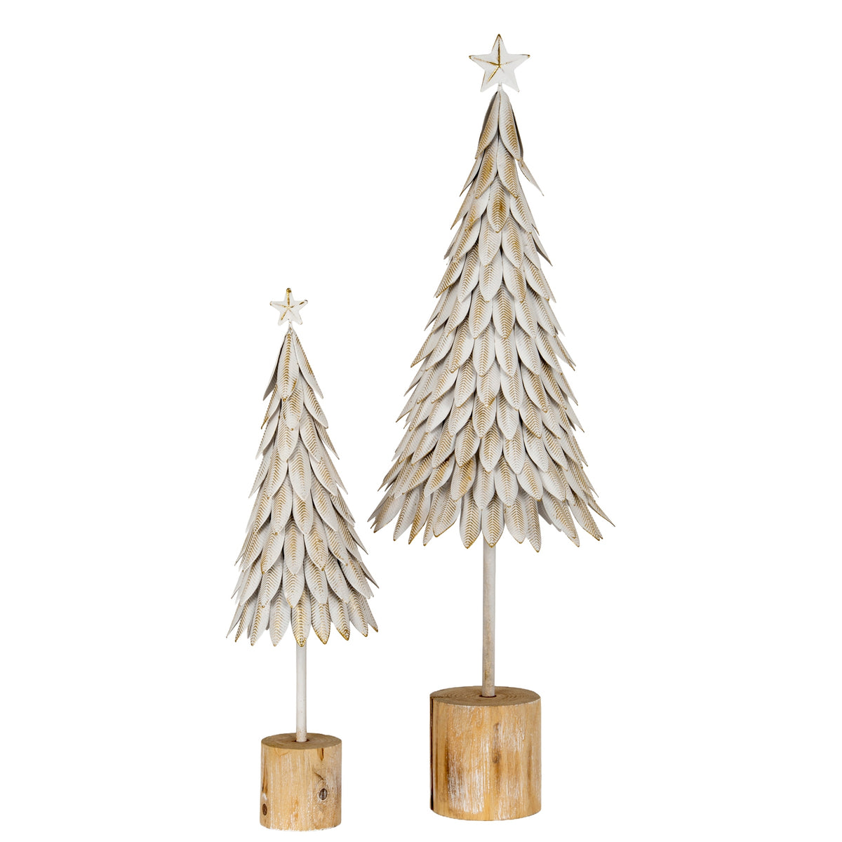 Large White Metal Christmas Tree on Wooden Stand, detail close-up