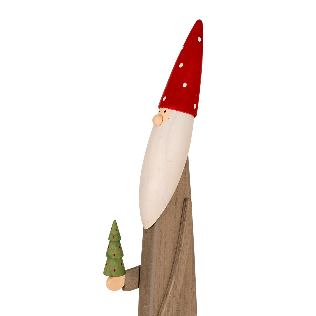 Wooden Festive Elf with Tree and Bell, alternative angle