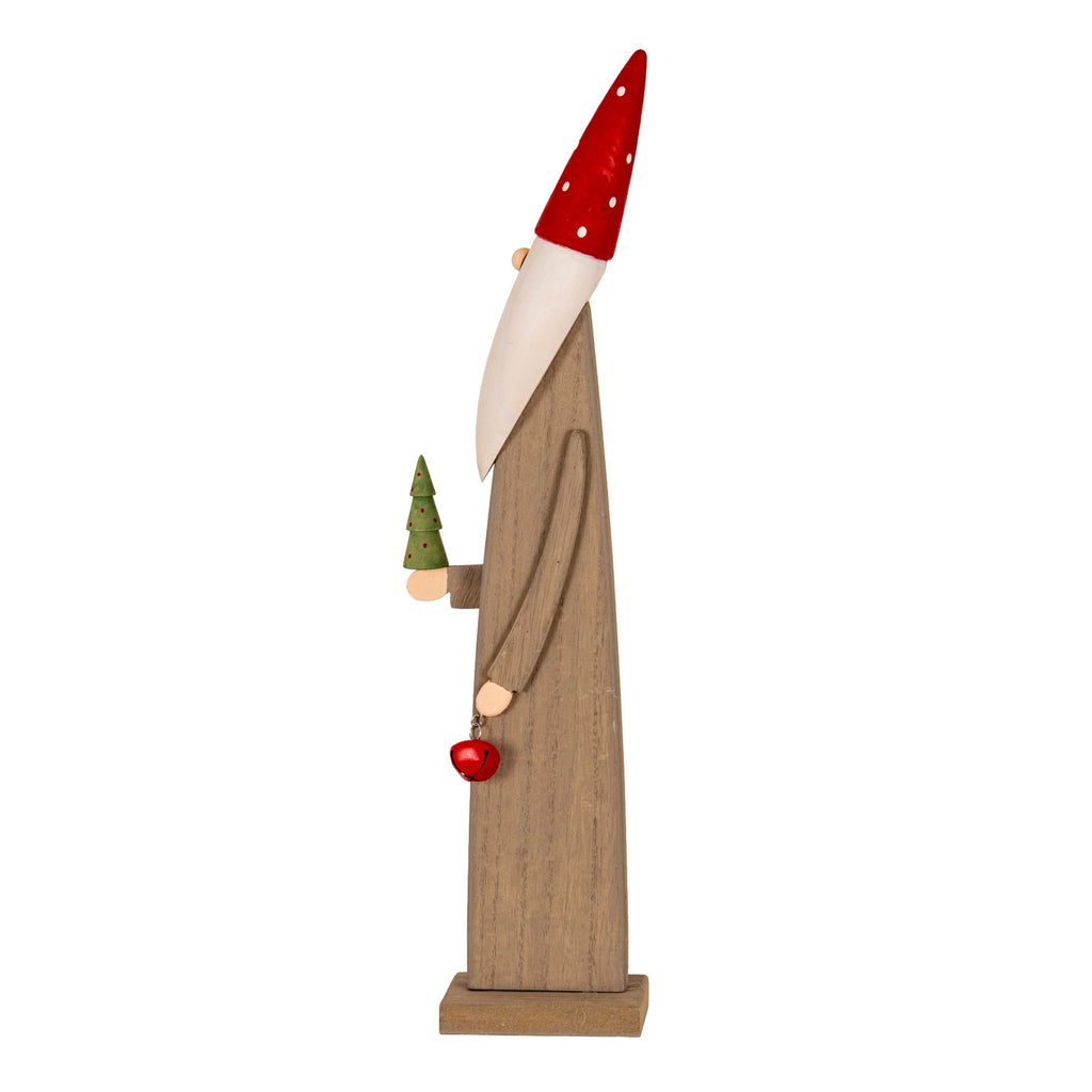 Wooden Festive Elf with Tree and Bell, detail close-up