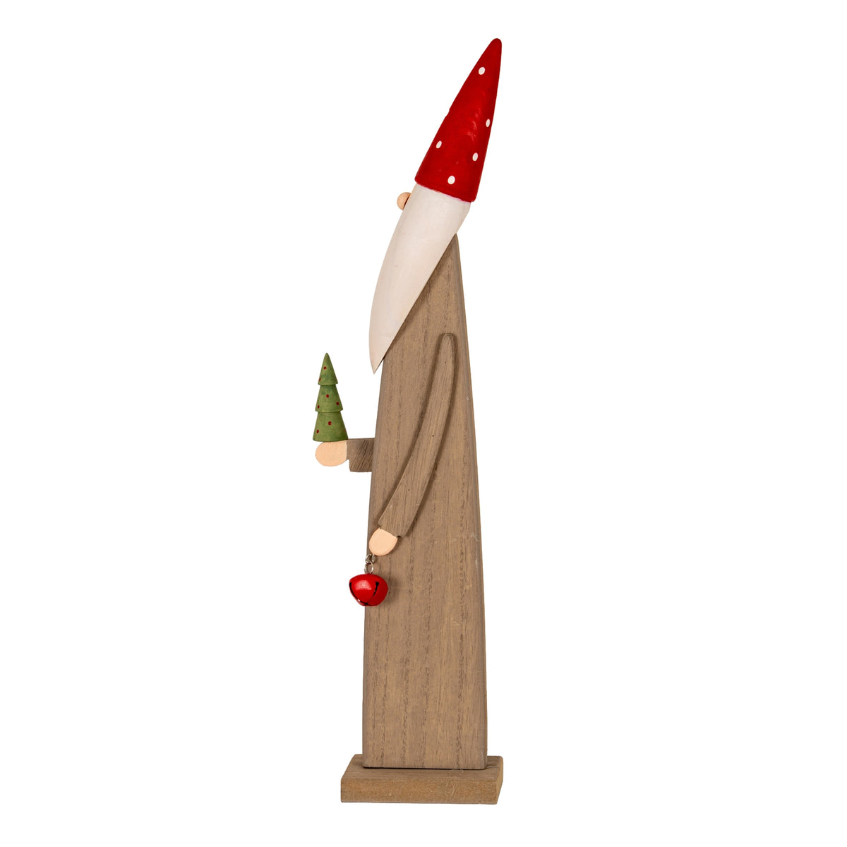 Wooden Festive Elf with Tree and Bell, detail close-up